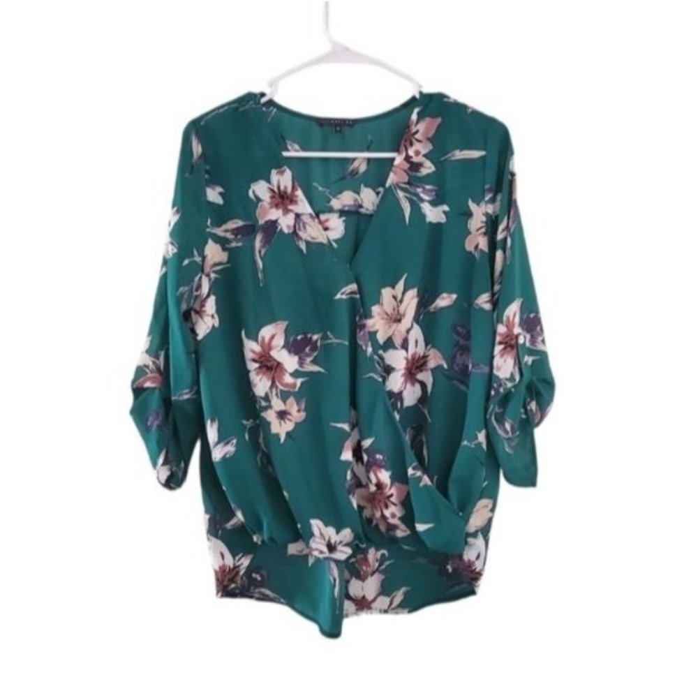 West Kei Women's Faux Wrap Green Floral Tropical 3/4 Sleeve High Low Blouse